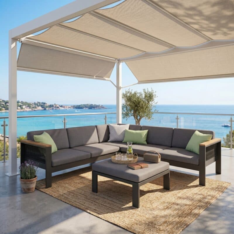 Jati&Kebon Eck-Loungeset "Miray", Aluminium anthrazit, Rope schwarz, Kissen grau, Armlehnen Teak