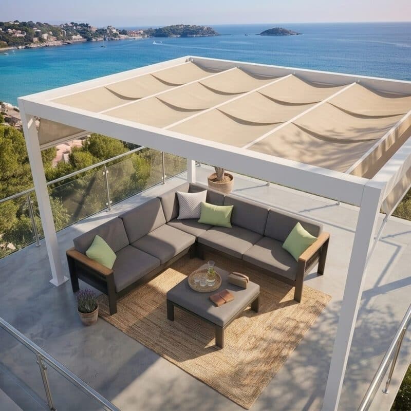 Jati&Kebon Eck-Loungeset "Miray", Aluminium anthrazit, Rope schwarz, Kissen grau, Armlehnen Teak