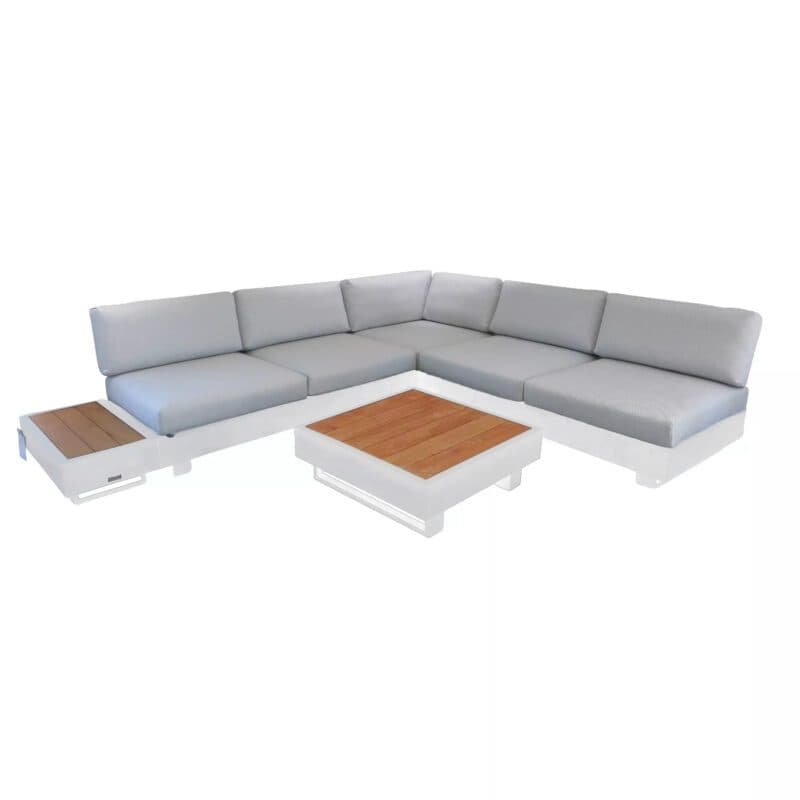 Jati&Kebon "Bari" Ecklounge, Aluminium weiß, Kissen Lopi Ash, Tischplatte Teak