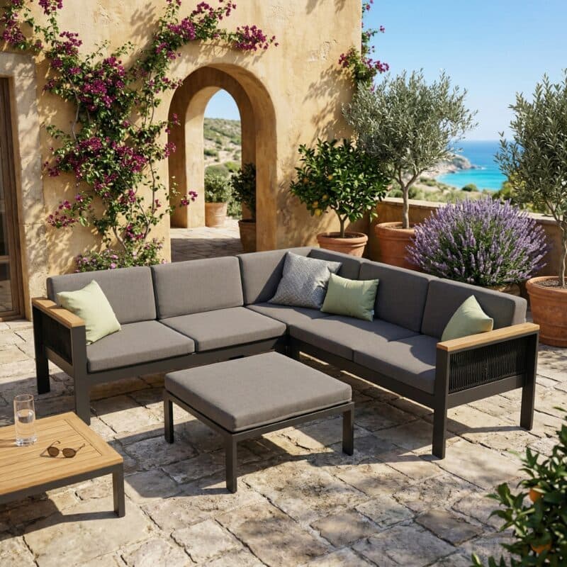 Jati&Kebon Eck-Loungeset "Miray", Aluminium anthrazit, Rope schwarz, Kissen grau, Armlehnen Teak