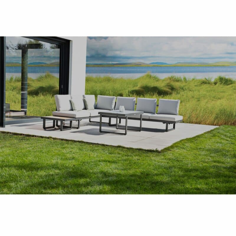 Jati&Kebon "Rao" Loungeset mit Kaffeetisch, Alu eisengrau, Tischplatte Glas
