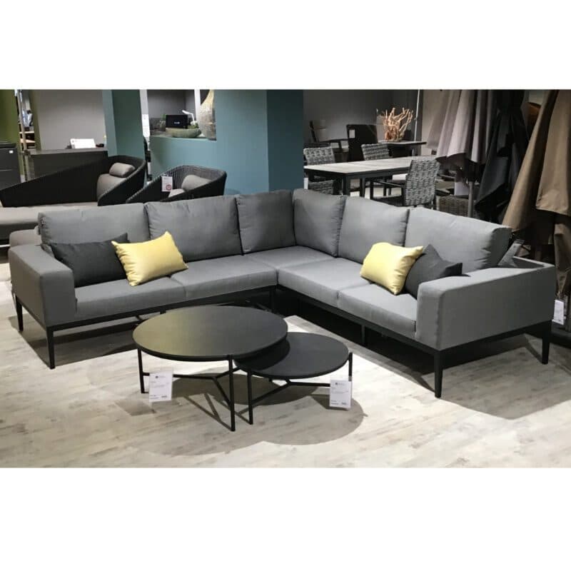 Hartman "Sven" Loungeset 3-tlg. , Alu schwarz, Bezug Sunbrella Mid Grey QuickDry mit Kaffeetisch-Set "Carson"