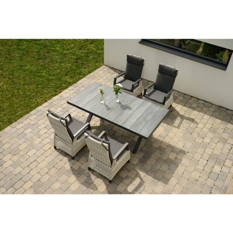 Siena Garden "Corido/Sincro" Gartenmöbel-Set mit verstellbarem Diningsessel und Ausziehtisch, Polyrattan ice grey, Auflage anthrazit, Tischplatte Keramik wood grey 200/260x100 cm