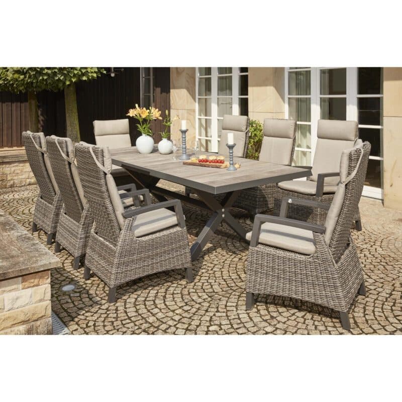 Siena Garden Gartenmöbel-Set 9-tlg. mit "Corido" Diningsessel und "Sincro" Ausziehtisch 200/260x100 cm, Gestell Aluminium anthrazit, Geflecht charcoal grey, Polster taupe meliert, Tischplatte Keramik washed grey