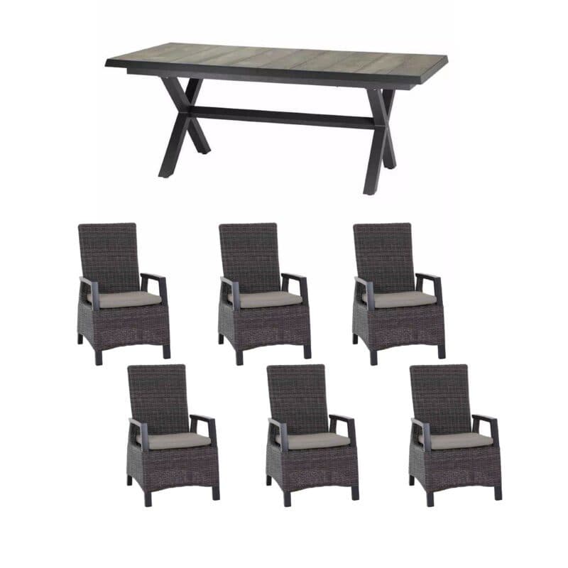 Siena Garden Gartenmöbel-Set 7-tlg. mit Diningsessel "Corido" und Ausziehtisch "Sincro" 200/260x100 cm, Gestell Aluminium anthrazit, Geflecht charcoal grey, Tischplatte Keramik Washed grey