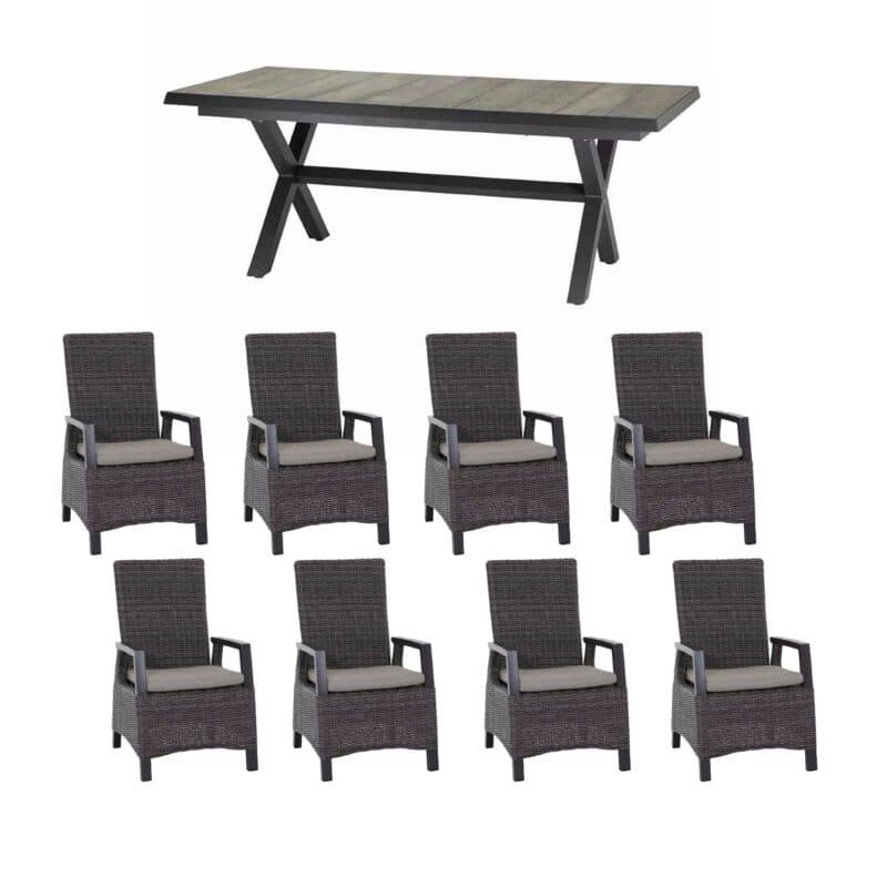 Siena Garden Gartenmöbel-Set 9-tlg. mit Diningsessel "Corido" und Ausziehtisch "Sincro" 200/260x100 cm, Gestell Aluminium anthrazit, Geflecht charcoal grey, Tischplatte Keramik Washed grey