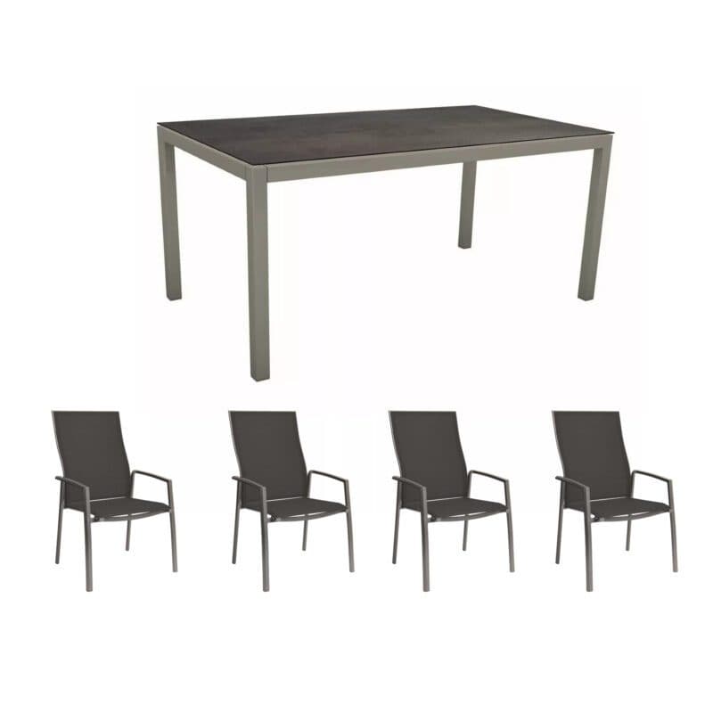 Stern Gartenmöbel-Set mit Hochlehner "Kari Plus" und Gartentisch 160x90 cm, Gestelle Alu graphit, Sitzfläche Textilgewebe silbergrau, Tischplatte HPL Nitro