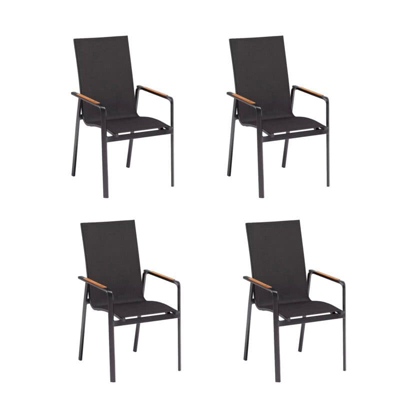 Kettler "Diamond" 4er-Set Stapelsessel, hohe Rückenlehne, Gestell Aluminium anthrazit, Sitzfläche Textilgewebe charcoal, Armlehnen Teak