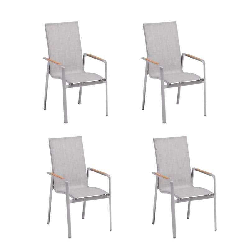 Kettler "Diamond" 4er-Set Stapelsessel, hohe Rückenlehne, Gestell Aluminium silber, Sitzfläche Textilgewebe hellgrau, Armlehnen Teak