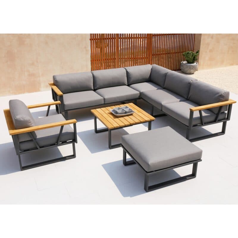 Zebra "Belvedere" Loungeset 5-teilig, 2-Sitzer links, 3-Sitzer, Hocker, Sessel & Tisch, Gestelle Edelstahl graphite/Teak, Polster Tuva medium grey (wetterfest)