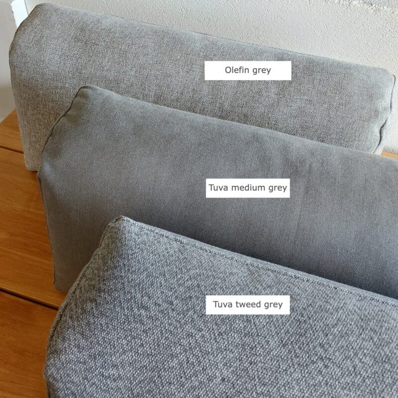 Zebra "Belvedere" Loungeserie, Stoffe & Farben, von unten nach oben: Tuva tweed grey, Tuva medium grey, Olefin grey