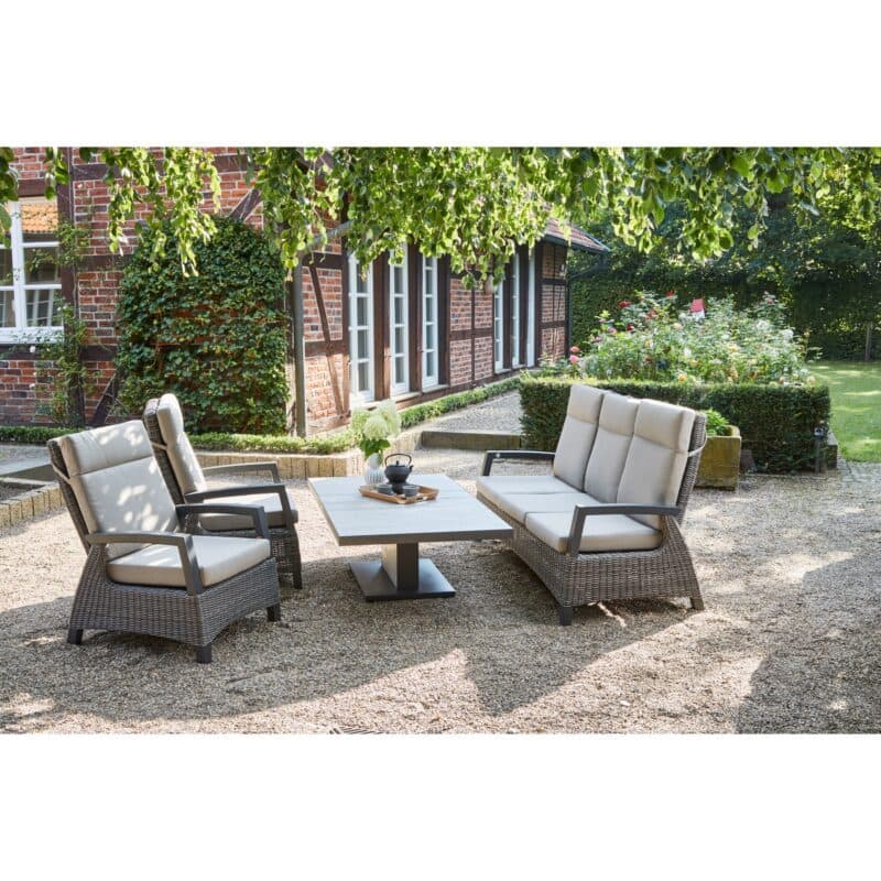 Siena Garden Lounge-/Diningset 4-tlg. mit "Corido" Loungesessel, Loungesofa & "Bellani" Lift-Tisch, Geflecht charcoal grey, Polster taupe meliert, Tischplatte Keramik anthrazit, 160x90 cm