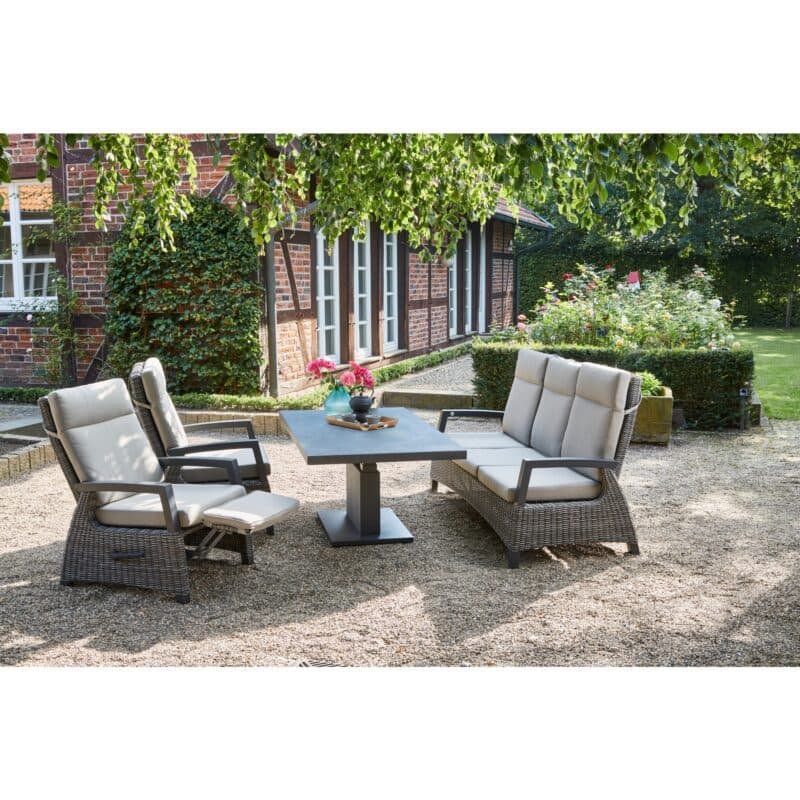 Siena Garden Lounge-/Diningset 4-tlg. mit "Corido" Relax Loungesessel, Loungesofa & "Bellani" Lift-Tisch, Geflecht charcoal grey, Polster taupe meliert, Tischplatte Keramik anthrazit, 160x90 cm