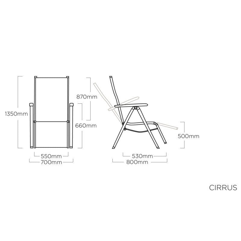 Kettler "Cirrus" Silver-Line Relaxsessel XL, Alu mit Textilgewebe, Maßzeichnung