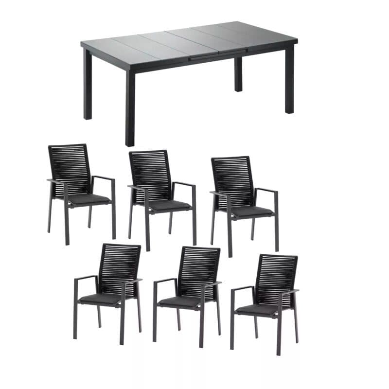 Niehoff "Cervo" Gartenstuhl, Gestell Aluminium anthrazit, Sitzfläche Textilen gepolstert schwarz, Rückenlehne Rope schwarz mit Ausziehtisch "Nancy"
