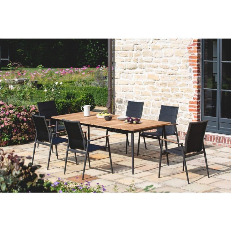 Niehoff "Luna" Gartentisch, Gestell Aluminium anthrazit, Tischplatte Teakholz-Lamellen, mit Gartenstuhl "Regg"