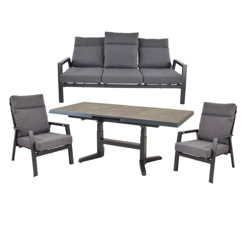 Lesli Living "Ohio" Loungeset mit "Murcia" Loungetisch höhenverstellbar ausziehbar, Gestelle Alu, Polster anthrazit, Tischplatte Keramik stone