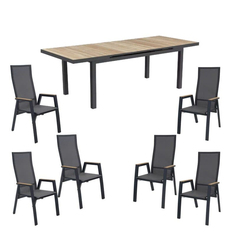 Gartenmöbel-Set mit Lesli Living Hochlehner "Amir", Alu charcoal (anthrazit), Textilgewebe schwarz-grau, Armlehnen Teak, mit Niehoff Ausziehtisch "Nantes", Alu anthrazit, Tischplatte Teak
