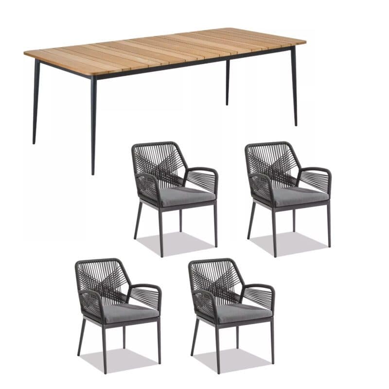 Niehoff "Luna" Gartentisch, Gestell Aluminium anthrazit, Tischplatte Teakholz, mit Stuhl "Venedig", Gestell Aluminium anthrazit, Rope-Bespannung grau, Kissen Olefin grau