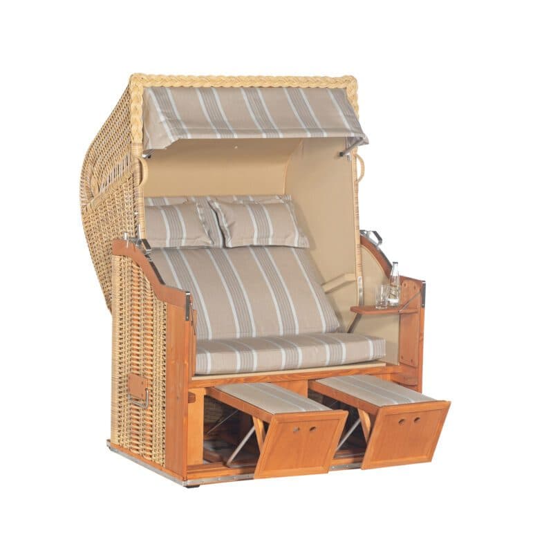 Sonnenpartner Strandkorb "Classic" 2-Sitzer, Halbliegemodell, PE-Kunststoffgeflecht Naturoptik, Stoff-Dessin: 16 und uni sand