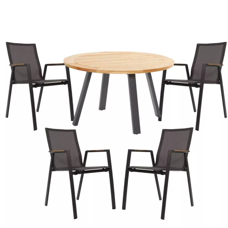 Gartenmöbel-Set mit Lesli Living Stuhl "Tarragona" und 4 Seasons Outdoor Tisch "Ambassador" 130 cm, Gestell Edelstahl charcoal/anthrazit, Sitz Textil schwarz-grau, Tischplatte und Armlehnen Teak