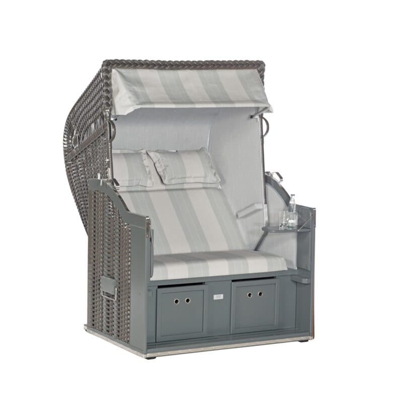 Sonnenpartner Strandkorb "Classic" 2-Sitzer, Halbliegemodell, PVC-Kunststoffgeflecht Anthrazit, Markisenstoff Dessin 66 und uni hellgrau