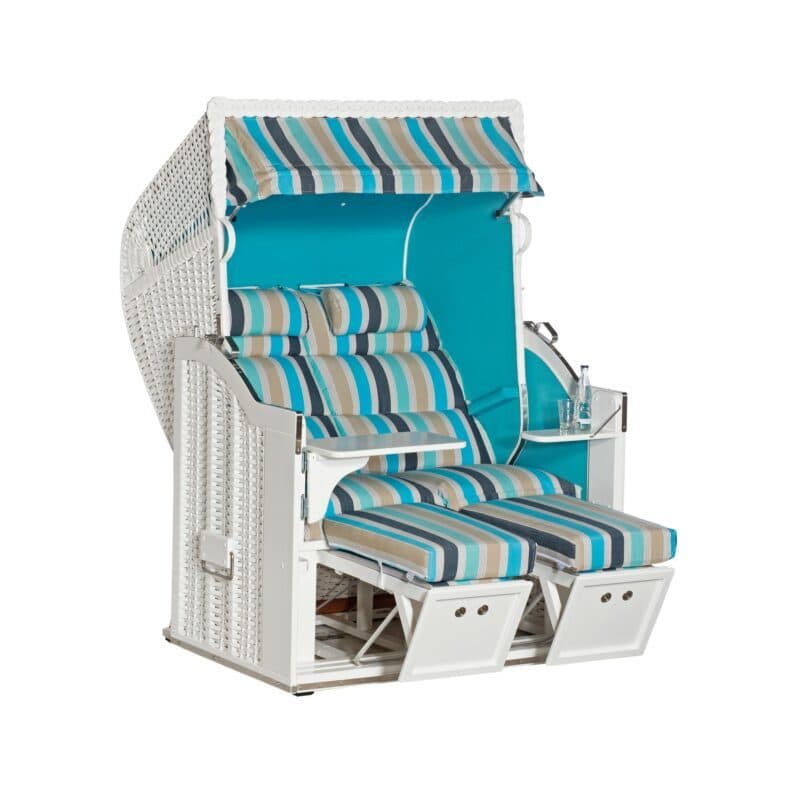 Sonnenpartner Strandkorb "Classic" 2-Sitzer, Halbliegemodell, PVC-Kunststoffgeflecht weiß, Gartenmöbelstoff Ocean und Markisenstoff uni türkis