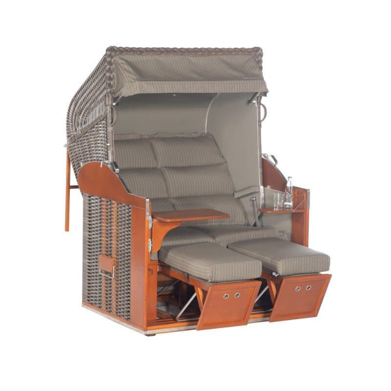 Sonnenpartner Strandkorb "Classic" 2-Sitzer, Liegemodell, PVC-Kunststoffgeflecht Cappuccino, Gartenmöbelstoff Dessin Zora Bajo und Markisenstoff uni taupe