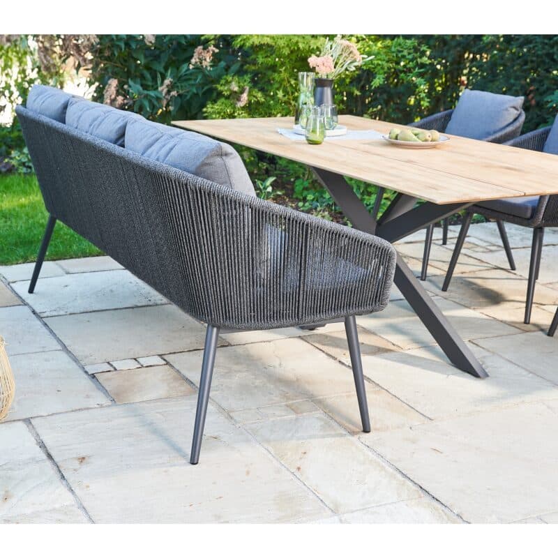 CASA DOMA "Alcamo/Ribera" Diningset 5-tlg, Gestelle Edelstahl anthrazit, Diningbank und -sessel Rundform, Rundrohr-Beine, Sitz Rope anthrazit (vertikal rund), Kissen Tuvatextil® Panama grafito, Tischplatte Teak