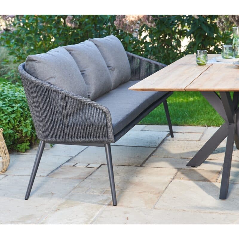 CASA DOMA "Alcamo/Ribera" Diningset 5-tlg, Gestelle Edelstahl anthrazit, Diningbank und -sessel Rundform, Rundrohr-Beine, Sitz Rope anthrazit (vertikal rund), Kissen Tuvatextil® Panama grafito, Tischplatte Teak