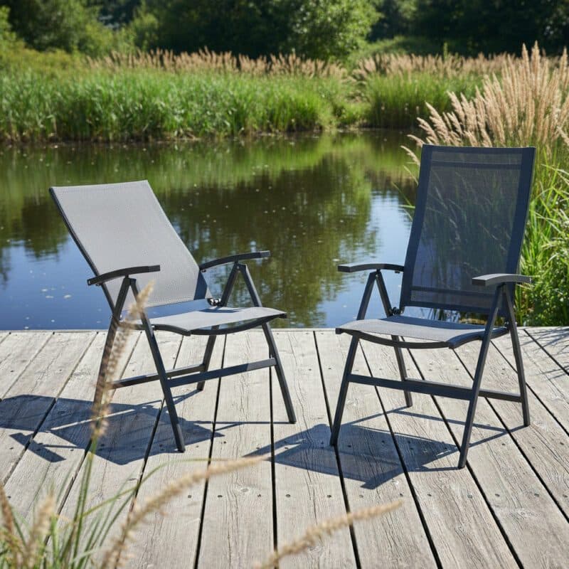 CASA DOMA "Mineo" Klappsessel, Gestell Edelstahl anthrazit, Sitz Textilgewebe Sunproof® Sling schwarz/silber, Armlehnen Aluminium