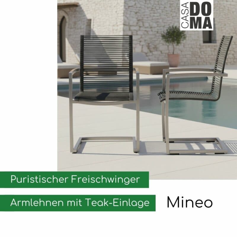 CASA DOMA "Mineo" Freischwinger, Edelstahl/Rope mit Teak-Armlehnen (Bild KI-generiert)