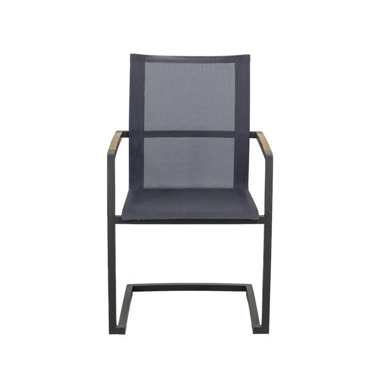 CASA DOMA "Mineo" Freischwinger, Gestell Edelstahl anthrazit, Sitzfläche Textilgewebe Sunproof® Sling schwarz/silber, Armlehnen Teak