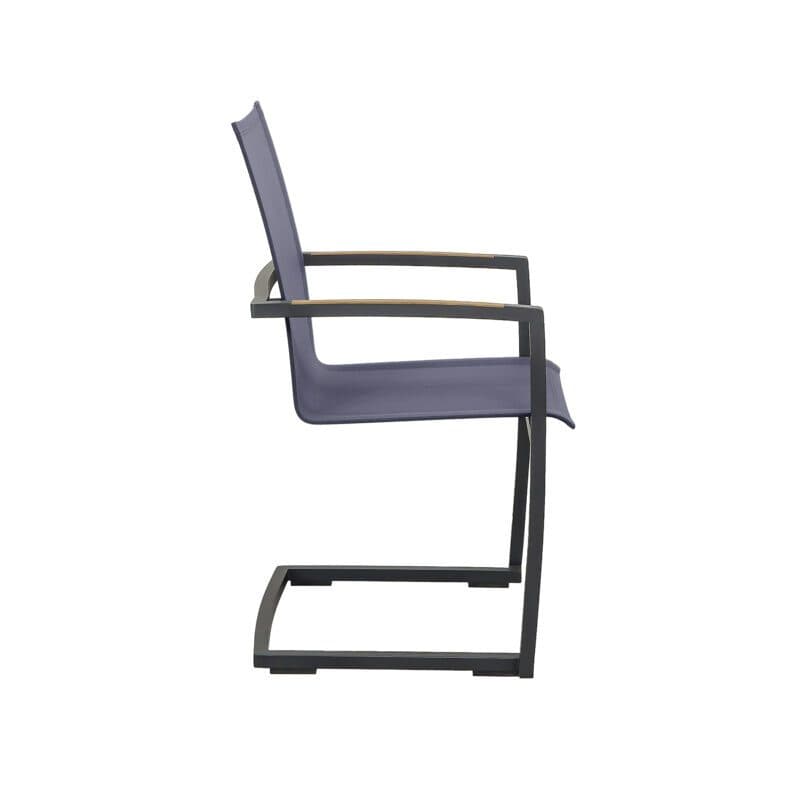 CASA DOMA "Mineo" Freischwinger, Gestell Edelstahl anthrazit, Sitzfläche Textilgewebe Sunproof® Sling schwarz/silber, Armlehnen Teak