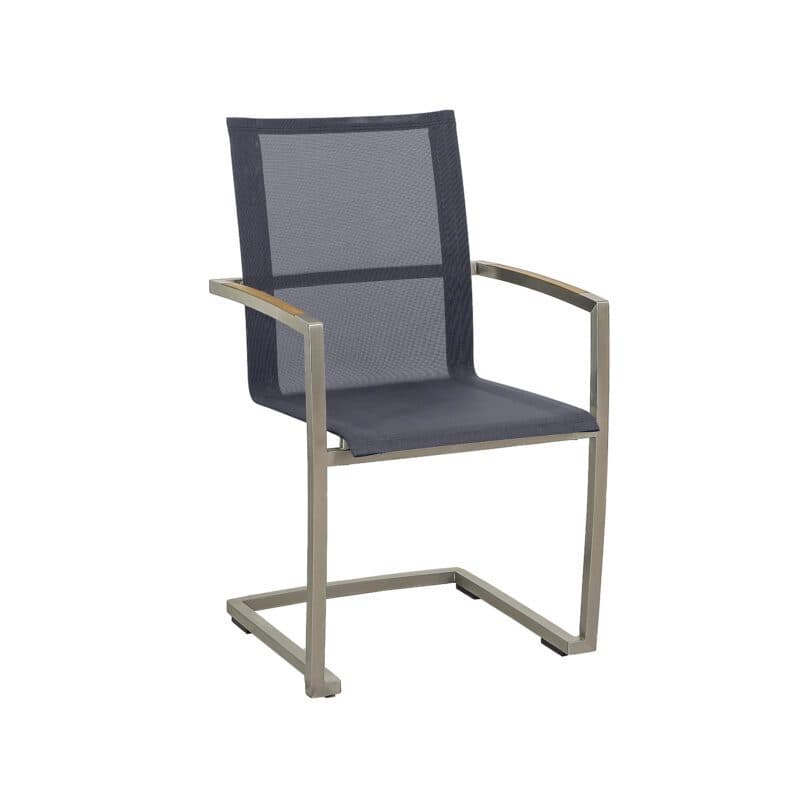 CASA DOMA "Mineo" Freischwinger, Gestell Edelstahl gebürstet, Sitzfläche Textilgewebe Sunproof® Sling schwarz/silber, Armlehnen Teak