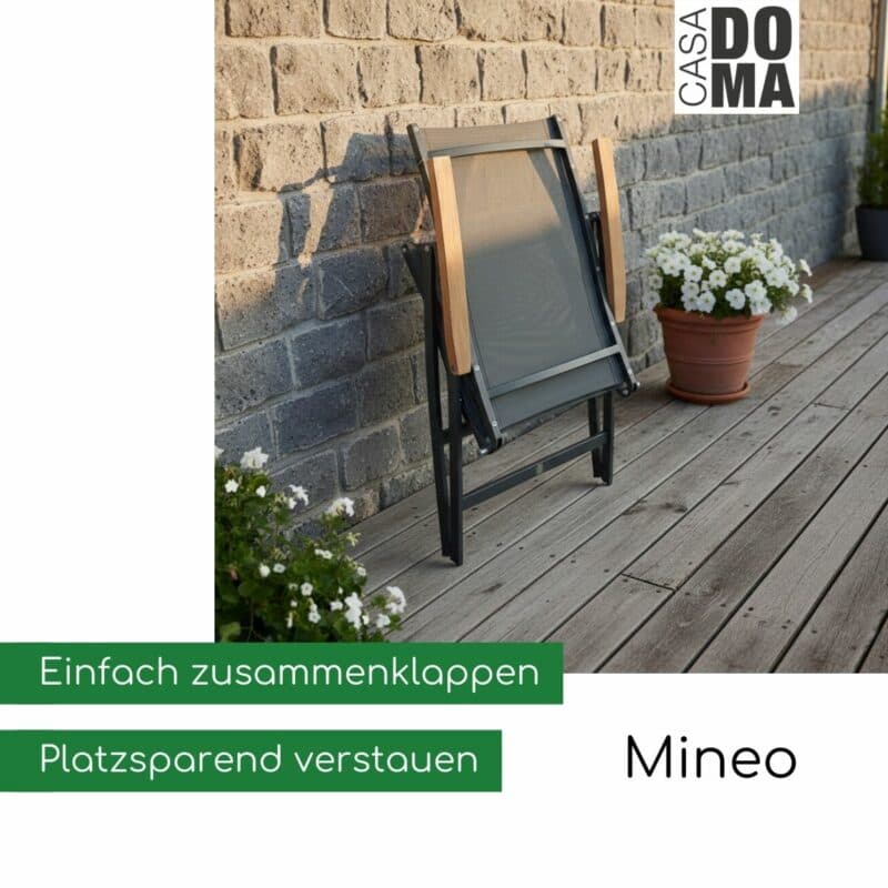 CASA DOMA "Mineo" Klappsessel Edelstahl anthrazit mit Teak-Armlehnen (Bild KI-generiert)