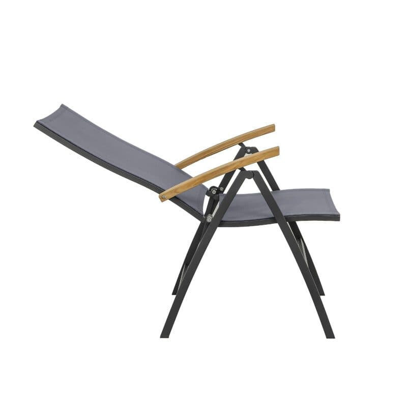 CASA DOMA "Mineo" Klappsessel, Gestell Edelstahl anthrazit, Sitzfläche Textilgewebe Sunproof® Sling schwarz/silber, Armlehnen Teak