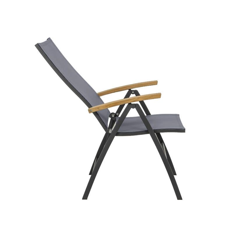 CASA DOMA "Mineo" Klappsessel, Gestell Edelstahl anthrazit, Sitzfläche Textilgewebe Sunproof® Sling schwarz/silber, Armlehnen Teak