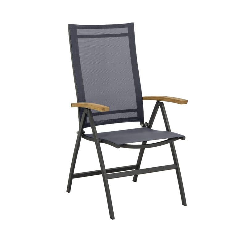 CASA DOMA "Mineo" Klappsessel, Gestell Edelstahl anthrazit, Sitzfläche Textilgewebe Sunproof® Sling schwarz/silber, Armlehnen Teak