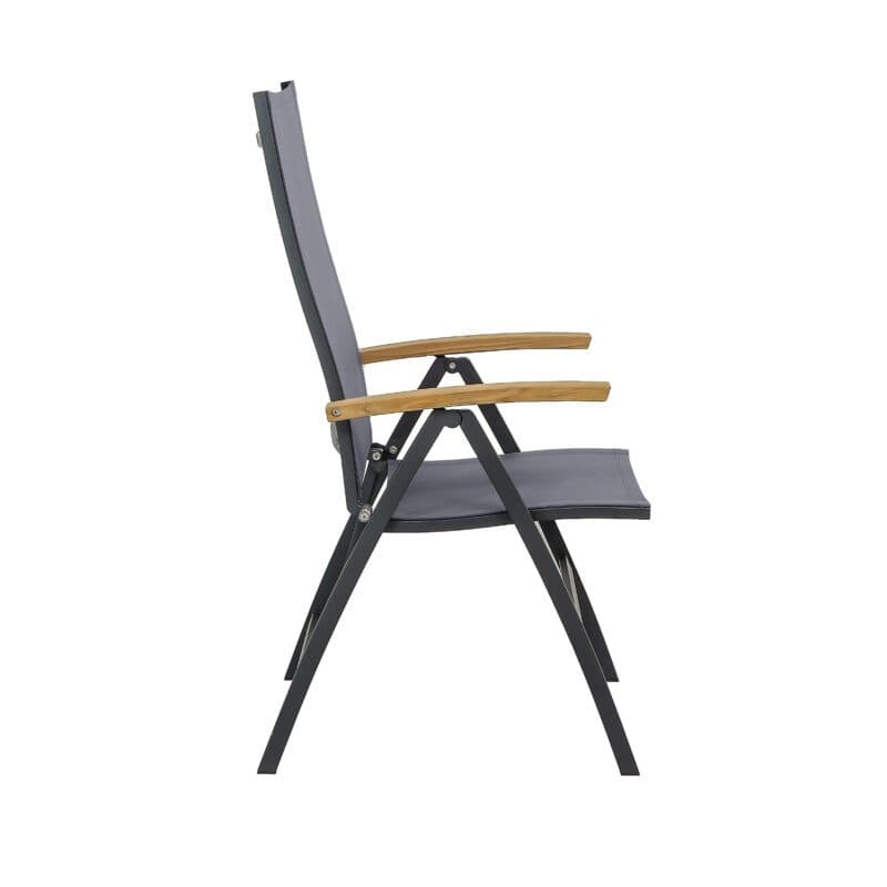 CASA DOMA "Mineo" Klappsessel, Gestell Edelstahl anthrazit, Sitzfläche Textilgewebe Sunproof® Sling schwarz/silber, Armlehnen Teak