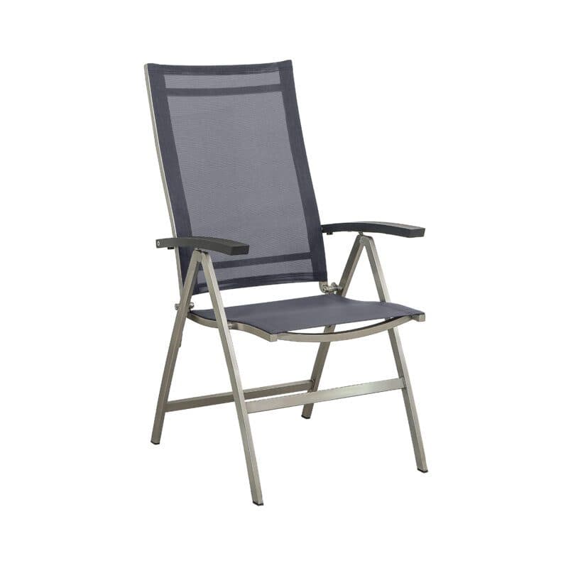 CASA DOMA "Mineo" Klappsessel, Gestell Edelstahl gebürstet, Sitzfläche Textilgewebe Sunproof® Sling schwarz/silber, Armlehnen Aluminium anthrazit
