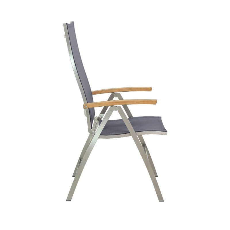 CASA DOMA "Mineo" Klappsessel, Gestell Edelstahl gebürstet, Sitzfläche Textilgewebe Sunproof® Sling schwarz/silber, Armlehnen Teak