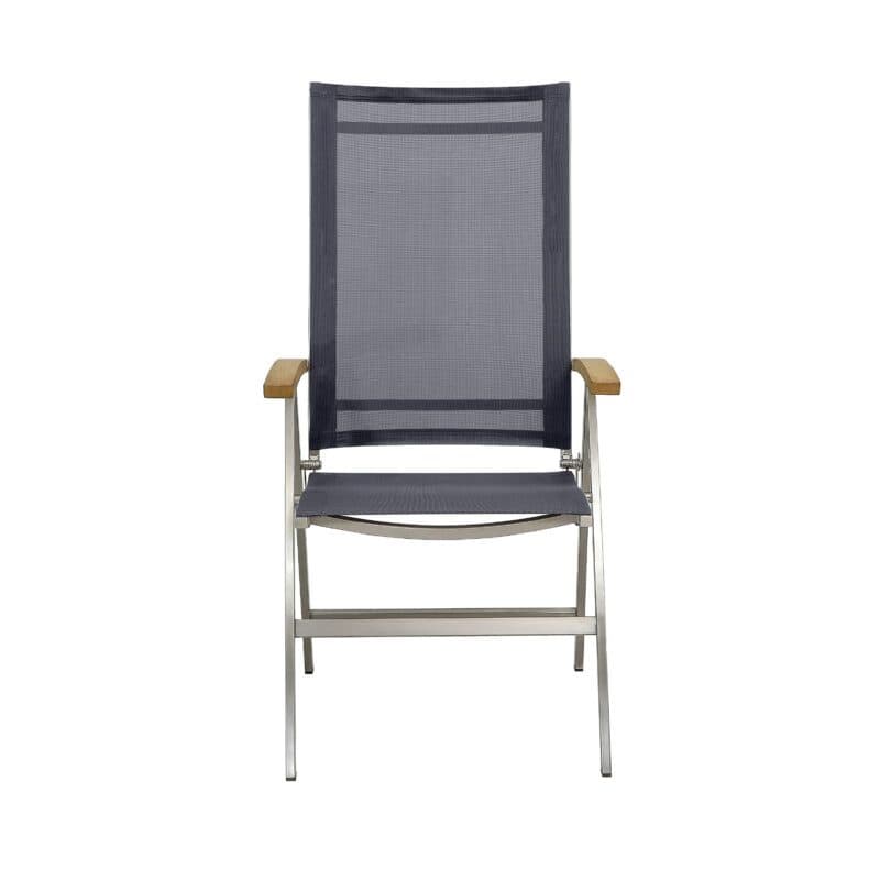 CASA DOMA "Mineo" Klappsessel, Gestell Edelstahl gebürstet, Sitzfläche Textilgewebe Sunproof® Sling schwarz/silber, Armlehnen Teak