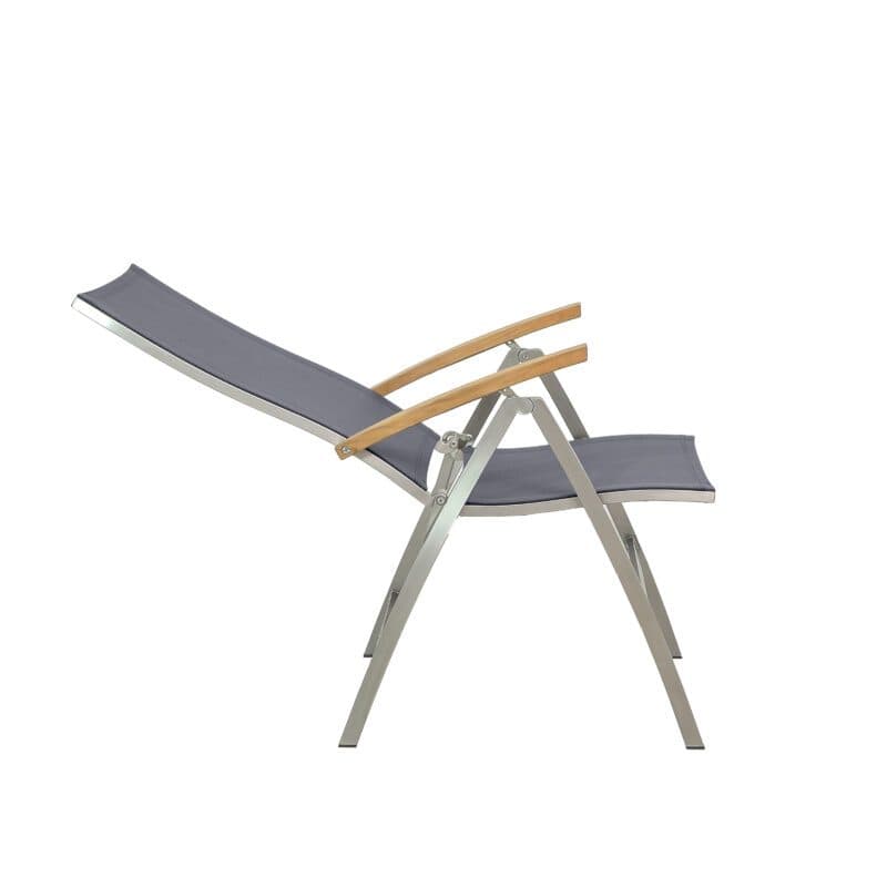 CASA DOMA "Mineo" Klappsessel, Gestell Edelstahl gebürstet, Sitzfläche Textilgewebe Sunproof® Sling schwarz/silber, Armlehnen Teak