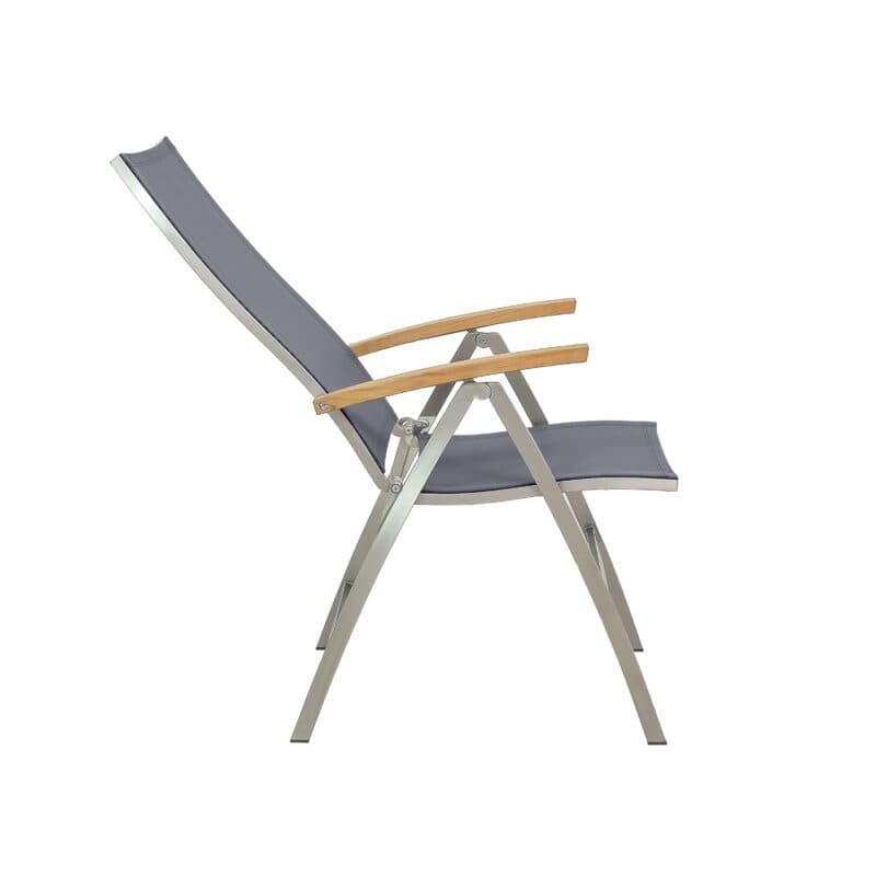 CASA DOMA "Mineo" Klappsessel, Gestell Edelstahl gebürstet, Sitzfläche Textilgewebe Sunproof® Sling schwarz/silber, Armlehnen Teak