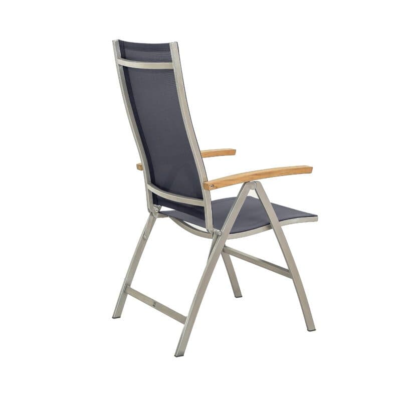 CASA DOMA "Mineo" Klappsessel, Gestell Edelstahl gebürstet, Sitzfläche Textilgewebe Sunproof® Sling schwarz/silber, Armlehnen Teak