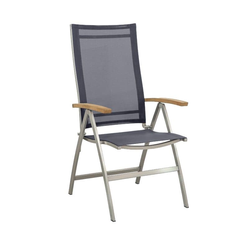 CASA DOMA "Mineo" Klappsessel, Gestell Edelstahl gebürstet, Sitzfläche Textilgewebe Sunproof® Sling schwarz/silber, Armlehnen Teak