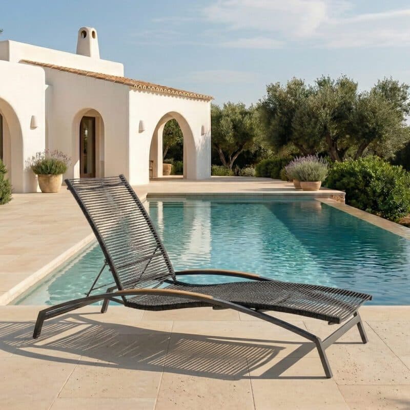 CASA DOMA "Mineo" Sonnenliege, Gestell Edelstahl anthrazit, Liegefläche Rope anthrazit, Armlehnen Teak (Bild KI-generiert)