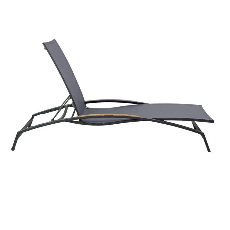 CASA DOMA "Mineo" Sonnenliege, Gestell Edelstahl anthrazit, Liegefläche Textilgewebe Sunproof® Sling schwarz/silber, Armlehnen Teak