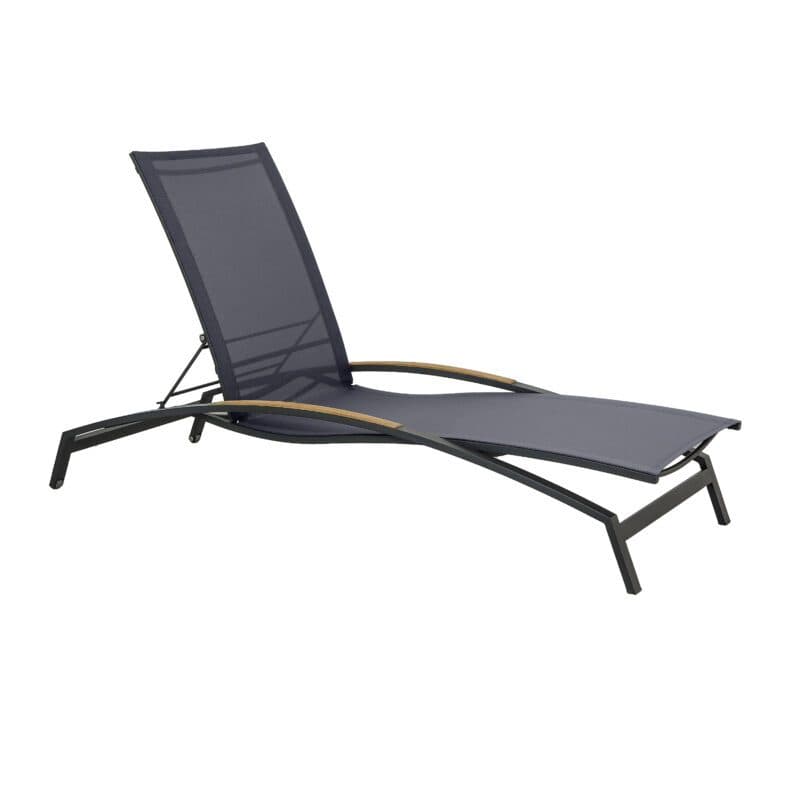 CASA DOMA "Mineo" Sonnenliege, Gestell Edelstahl anthrazit, Liegefläche Textilgewebe Sunproof® Sling schwarz/silber, Armlehnen Teak